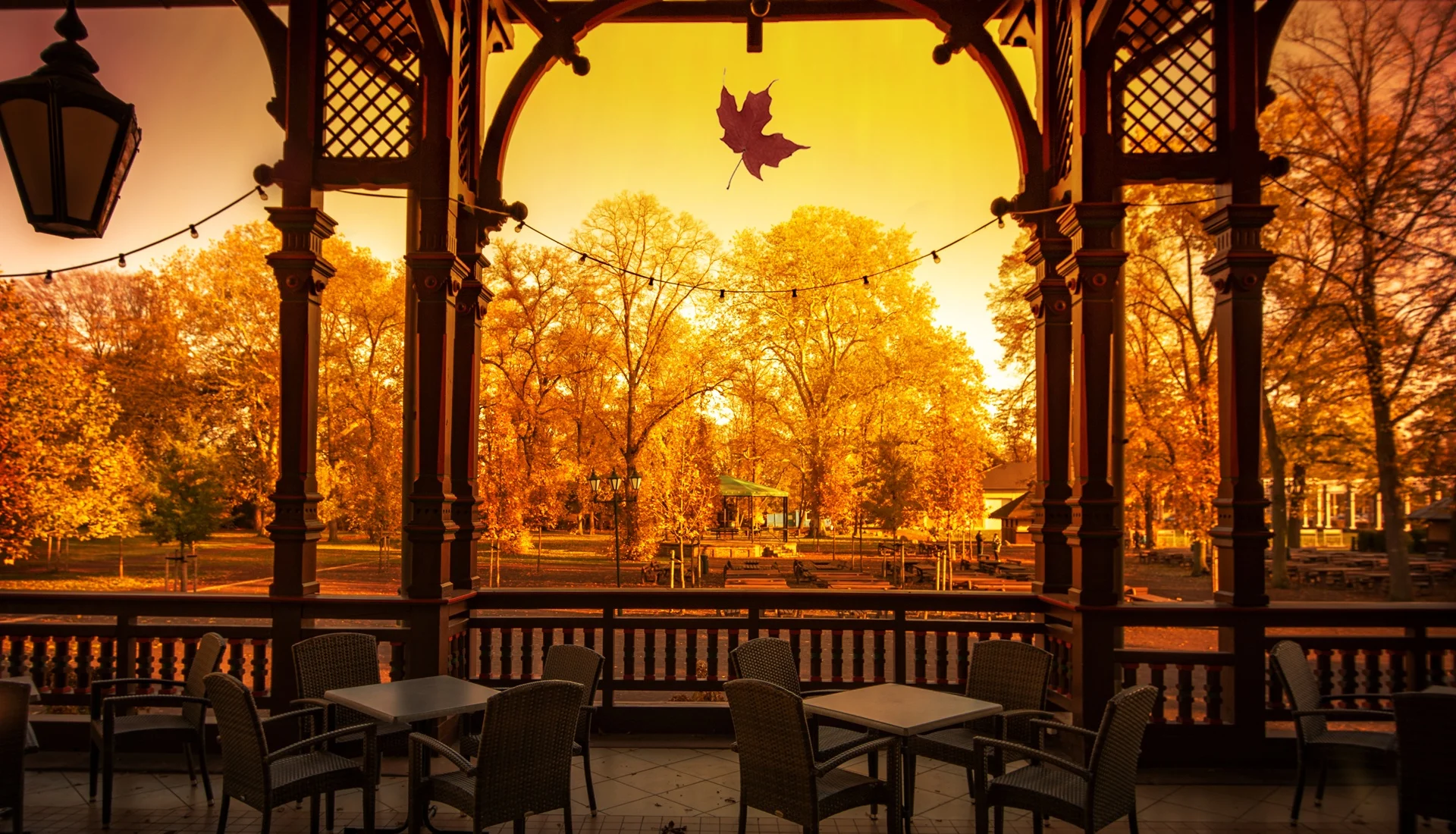 Aufnahme der Terrasse vom Herrenkrug Hotel im Herbst mit Blick in den Park in warmen Braun- und Oranget&ouml;nen. Es fliegt ein Blatt durch die Luft.