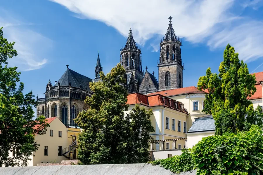 Der Magdeburger Dom mit Chor und beiden Tuermen ueber den roten Daechern der Domklausur, vorn gruene Baumkronen unter blauem Himmel