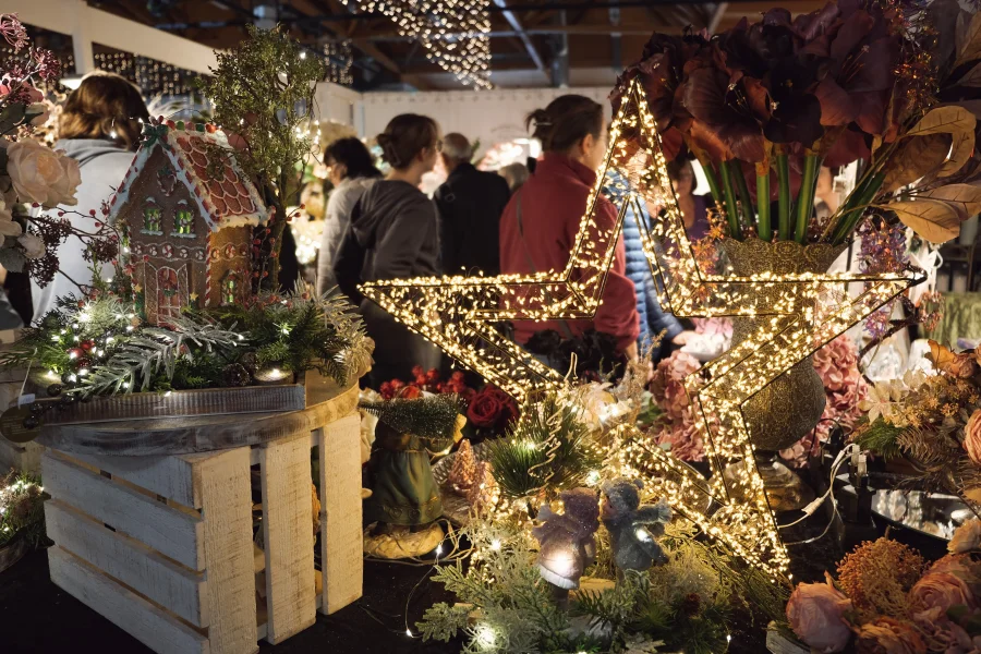 Wintertr&auml;ume Ausstellung mit Fokus auf einen leuchtenden Dekostern neben weiteren weihnachtlichen Dekoartikeln. Im Hintergrund Besucher de Ausstellung.