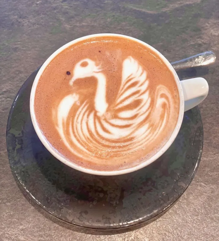 Cappuccino mit einem Schwan als Milchschaumbild in wei&szlig;er Tasse auf dunklem Teller