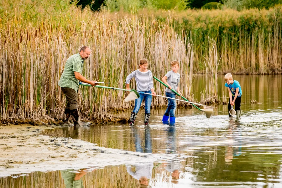 3 Kinder und ein Erwachsener an einer Wasserstelle mit K&auml;schern in der Hand.