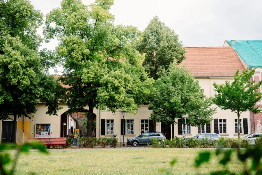 Das Kulturzentrum Moritzhof hinter hohen B&auml;umen, im Vordergrund eine Wiese mit Parkbank